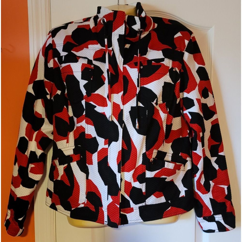 Chicos Artsy‎ Zippered Jacket Red, Black & White Geometric Size 1